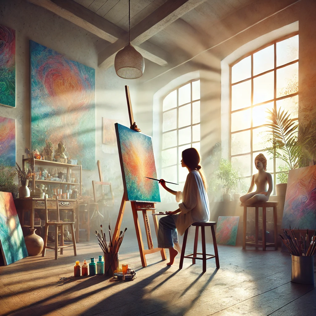 DALLE 20240815 005333 A serene scene in an art studio with soft natural light streaming through large windows A person is sitting at an easel painting a colorful abstrac Beawareofmecom