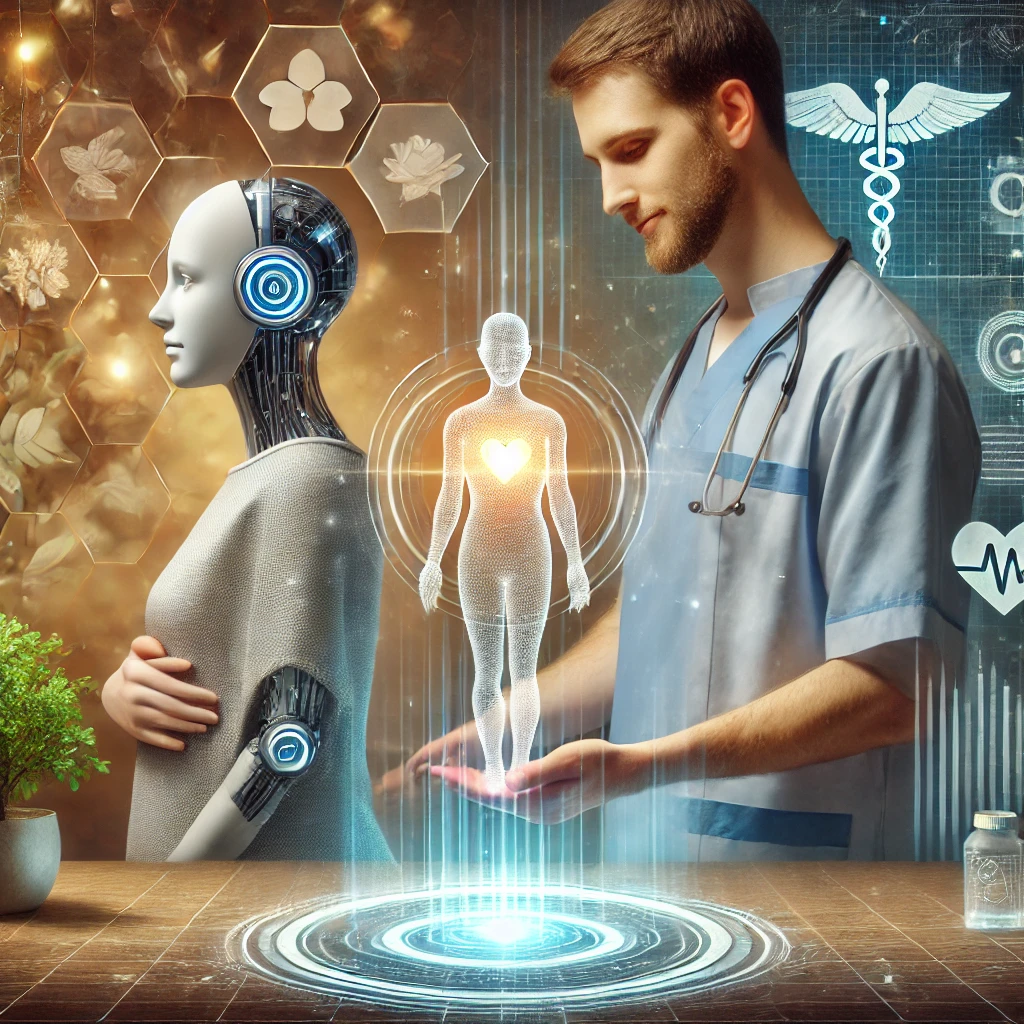 humancentered care In the foreground a healthcare professional stands beside an advanced AI Beawareofmecom