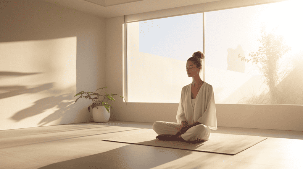 Adult practicing mindfulness meditation for ADHD mental health Beawareofmecom A woman sitting cross legged on a yoga mat eyes closed hands resting on her knees