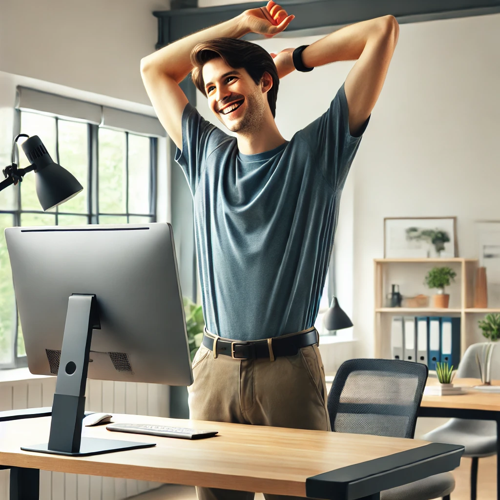 A smiling person stretching at a standing desk highlighting workplace activity tips Beawareofmecom Sitting Too Long Heres Why Its a Hidden Threat to Your Health And How to Fix It