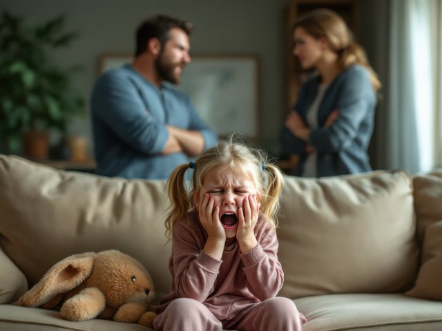 Crying daughter against the background of standing parents Relationships of children and parents Beawareofmecom 17 Signs of Parental Alienation You Should Know About