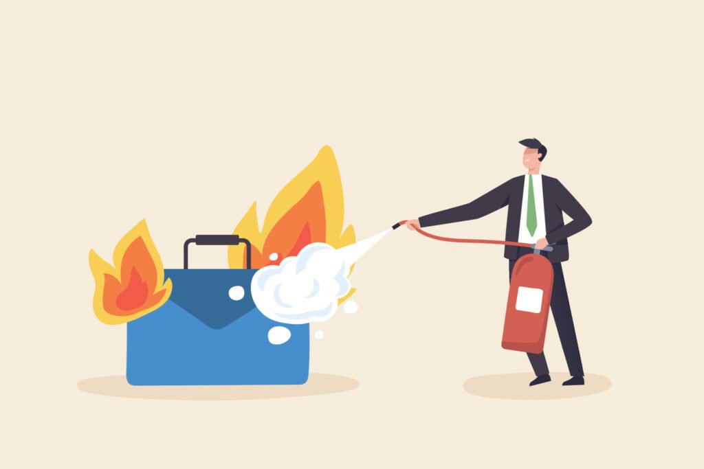Stress at work Try to solve mentality problems and fight work burnout The concept of psychotherapy for work A businessman uses a fire extinguisher to extinguish a burning briefcase Beawareofmecom Burnout Quotes