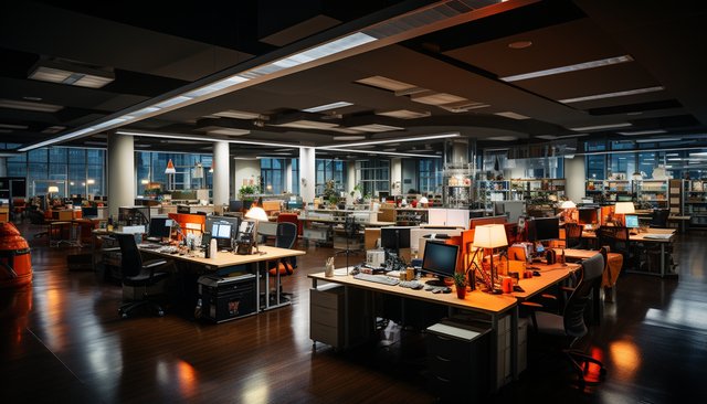 Modern office with bright lighting computer on wooden desk generated by AI Beawareofmecom Supportive Work Environment