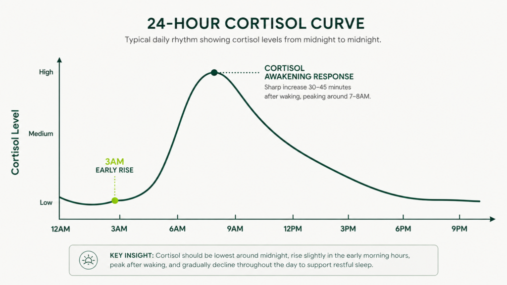 cortisolawakeningresponsecurvegraph Beawareofmecom 24 hour cortisol curve showing the cortisol awakening response and 3am early rise pattern