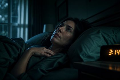 Woman lying awake at 3am with anxiety, unable to sleep due to cortisol awakening response