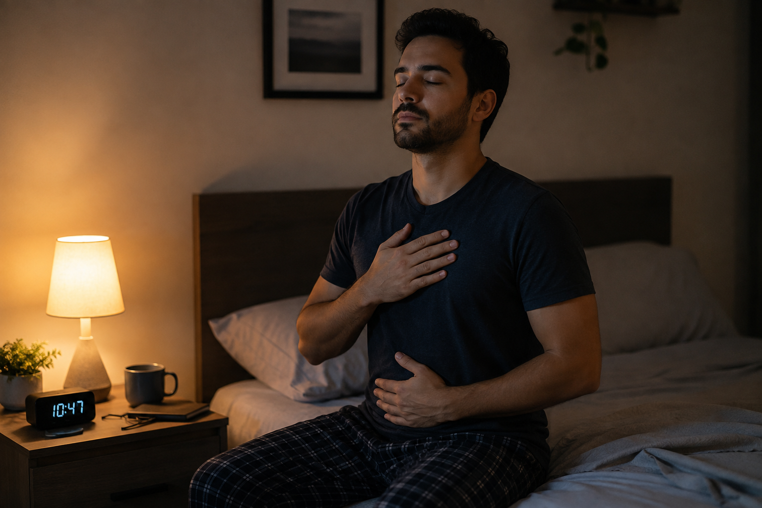 Person practicing a calming breathing routine before bed