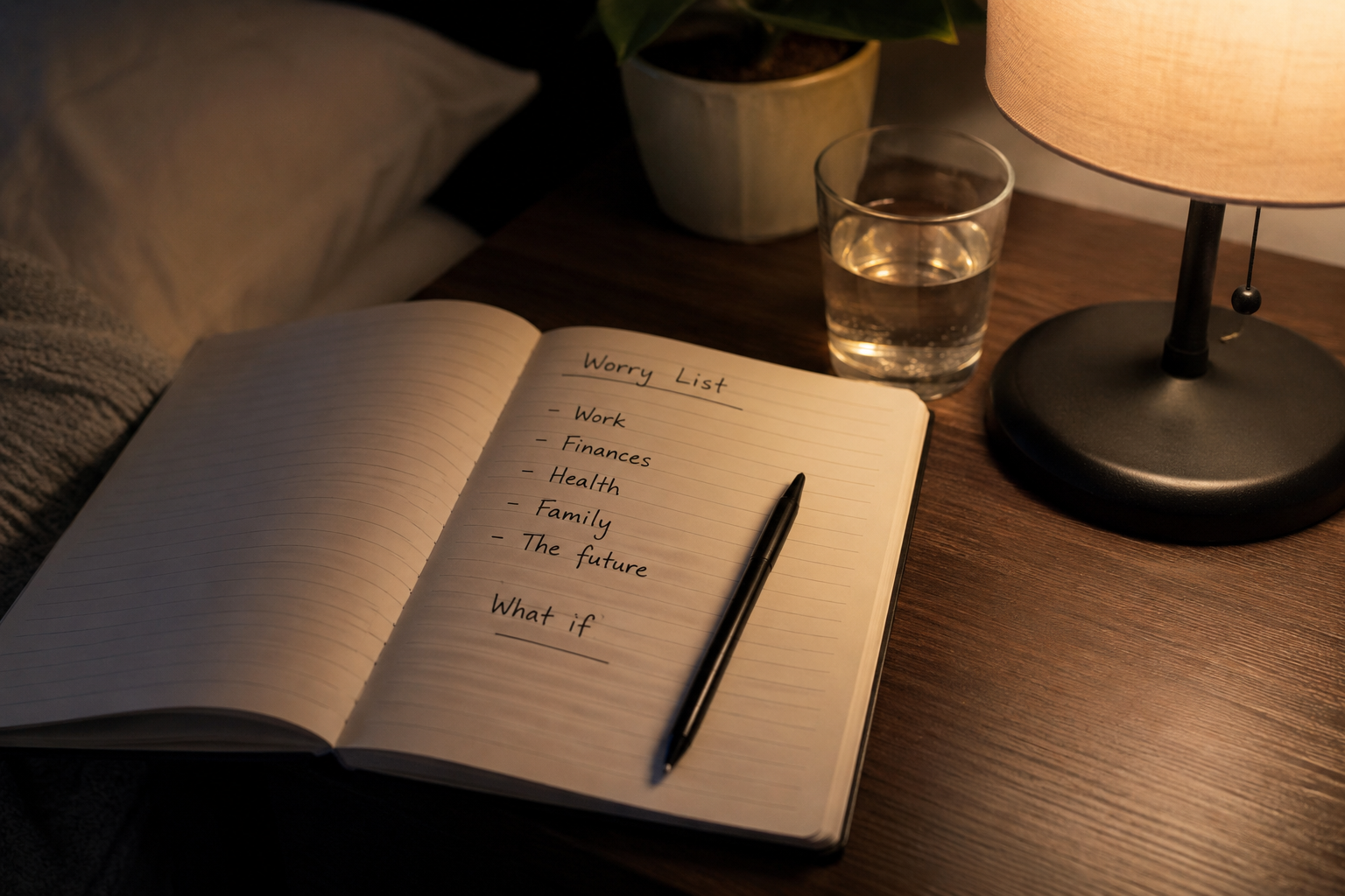 Notebook and pen used for a nighttime financial worry brain dump