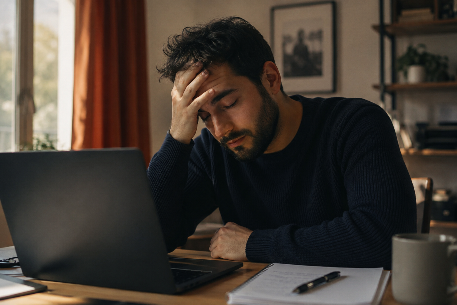Person pausing at a desk mid-task, hand on forehead, checking whether they're burnt out or just unmotivated