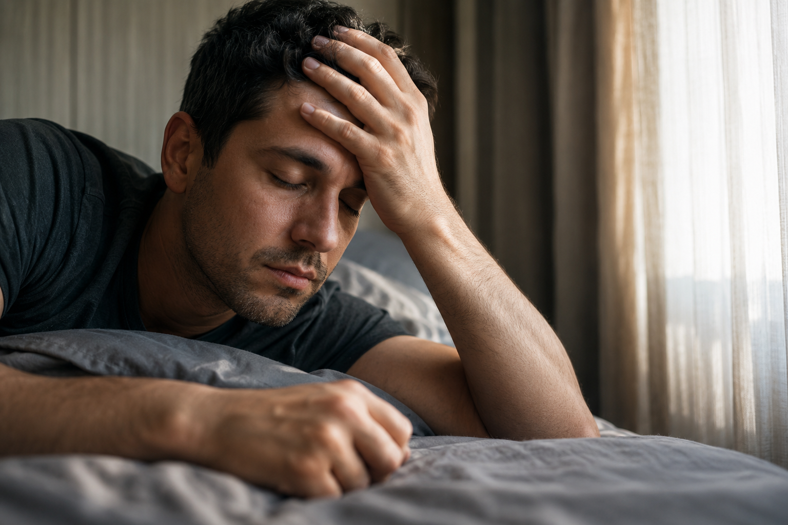 Person waking up and reaching for their phone with a tense expression