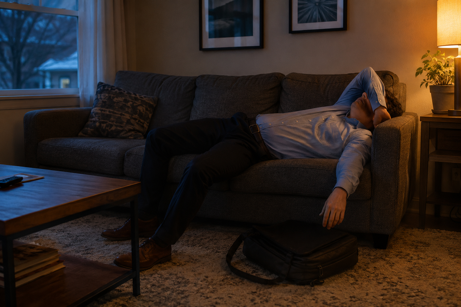 Exhausted person collapsed sideways on a couch, still in work clothes, bag dropped on the floor