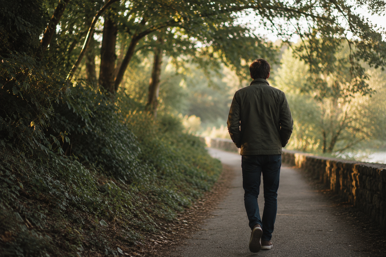 Person walking alone down a quiet tree-lined path in soft afternoon light