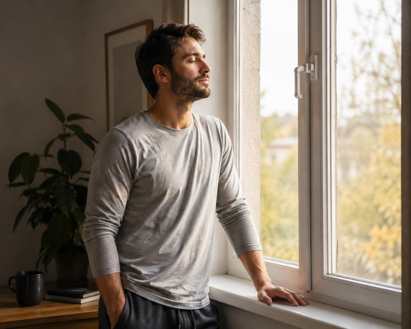 Person pausing to look out a window and ground themselves during a moment of morning anxiety