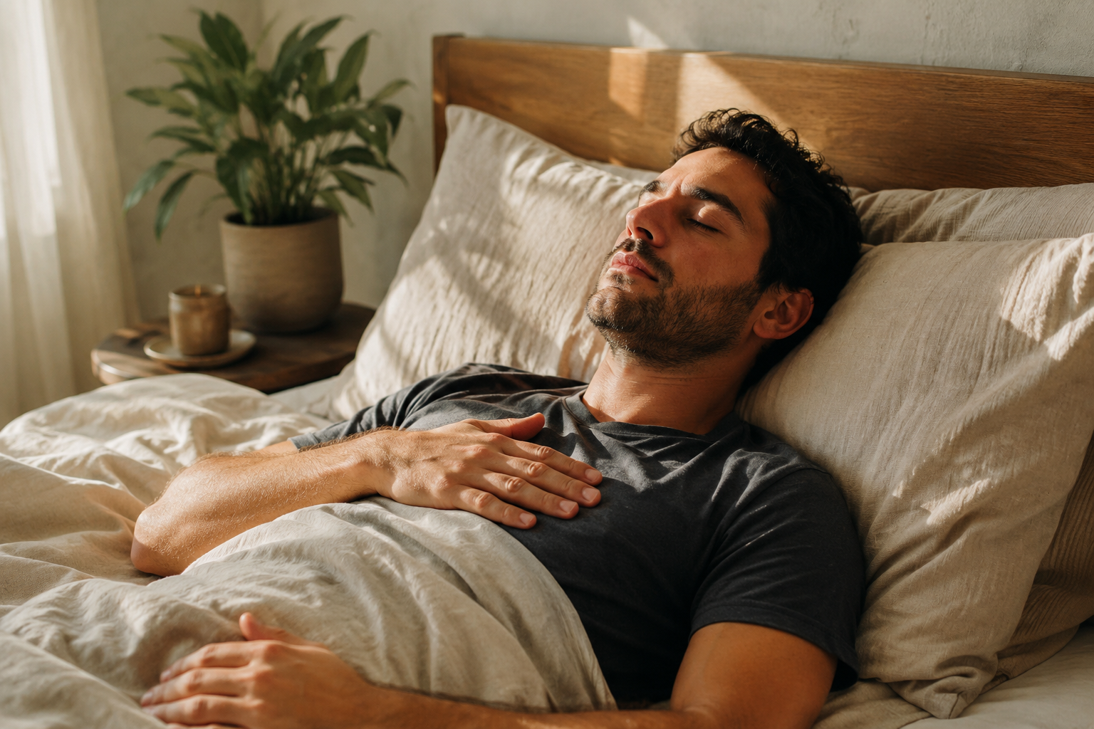 Person doing a breathing exercise while still lying in bed in the morning
