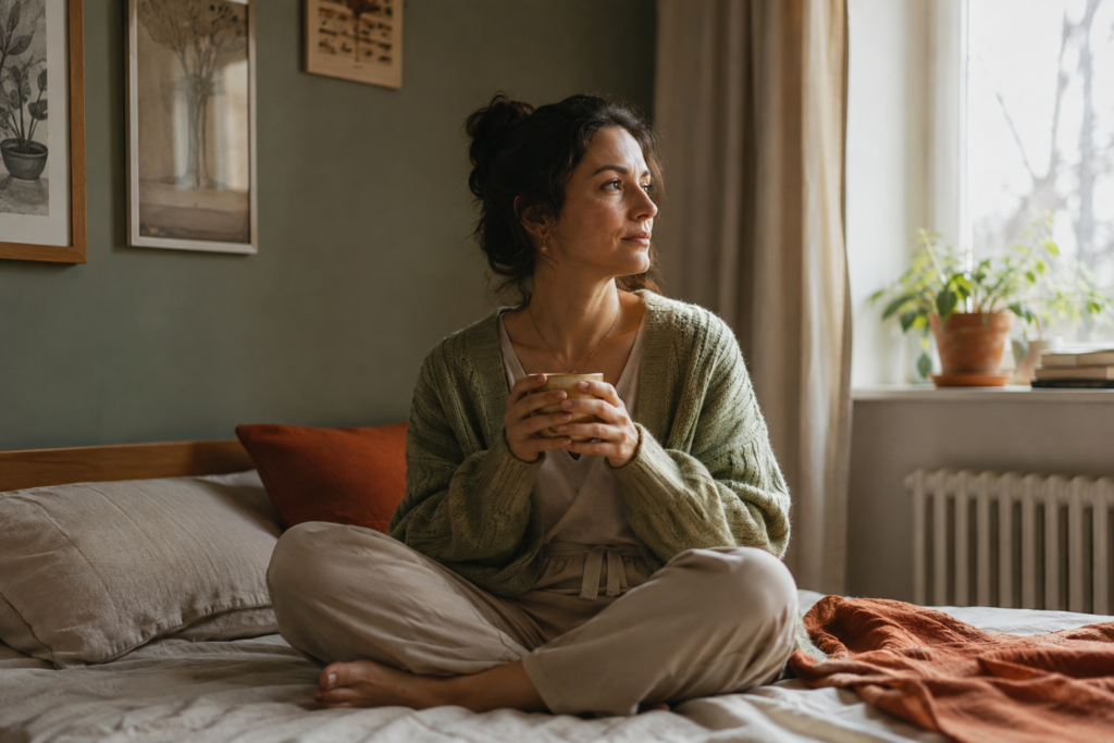 morningroutineanxietyfeatured Beawareofmecom Woman sitting calmly by a sunlit window during her morning routine for anxiety