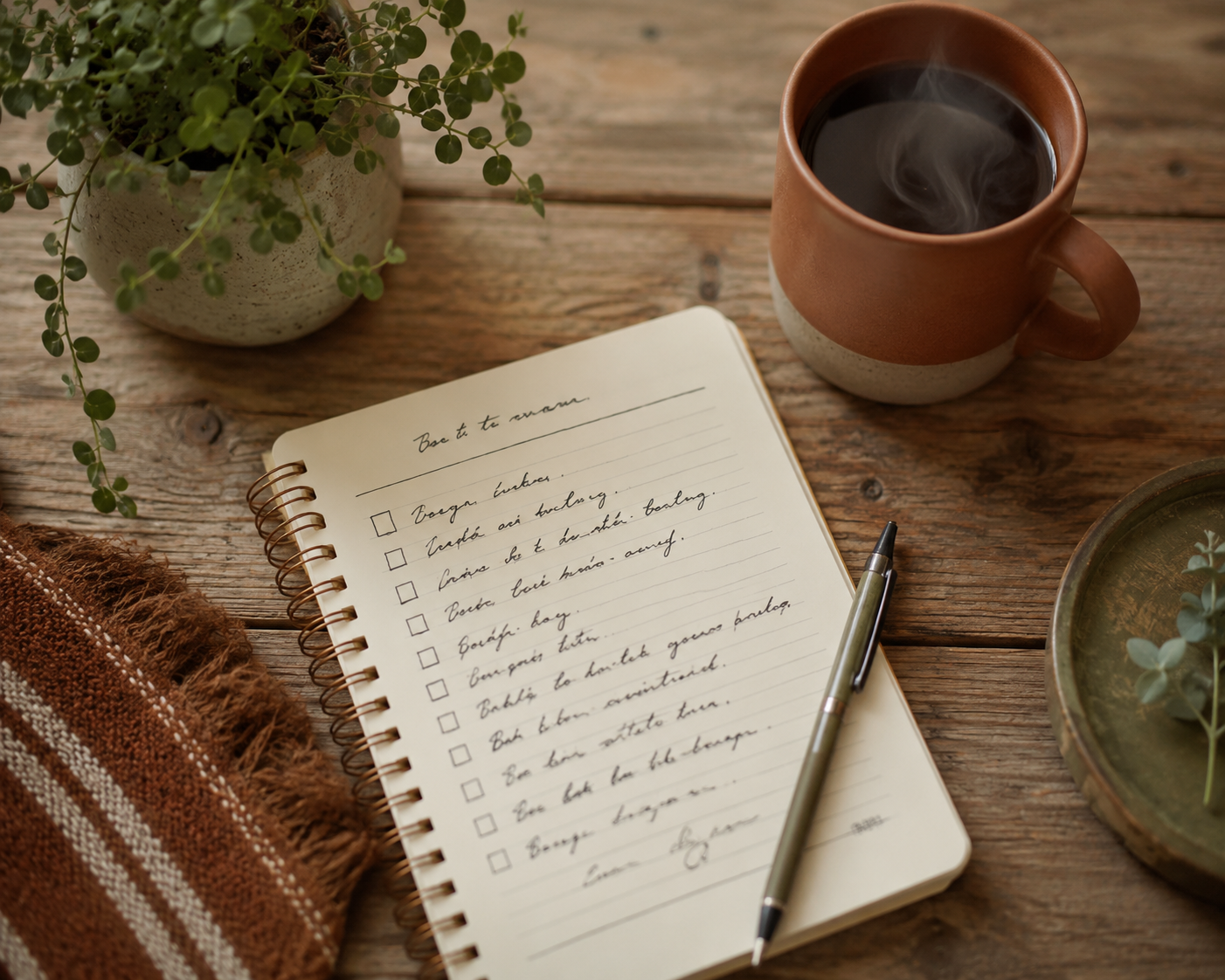 Handwritten morning routine checklist next to a cup of coffee
