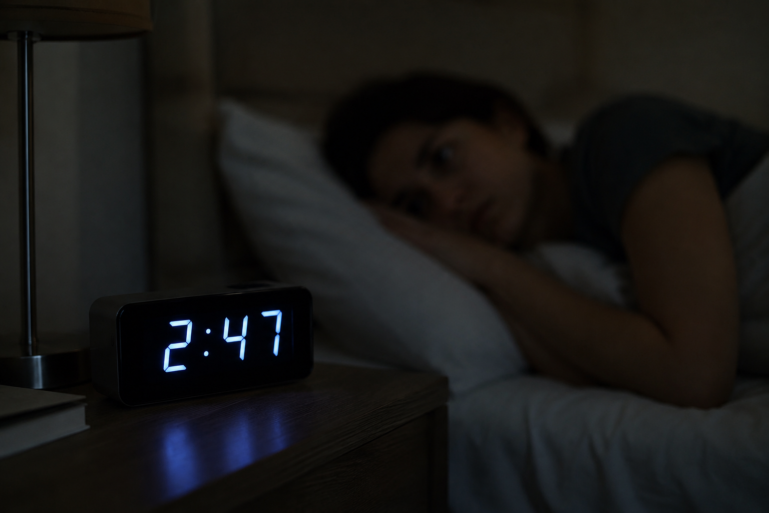 Digital clock at night beside a person worried about finances