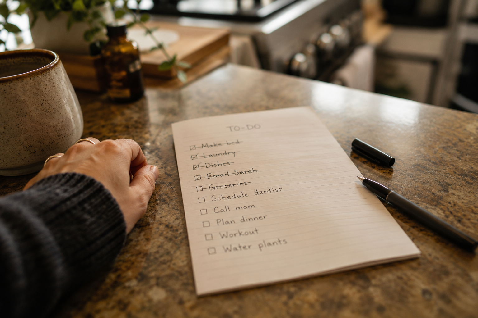 Close-up of a handwritten to-do list with a hand resting near it, unable to start writing