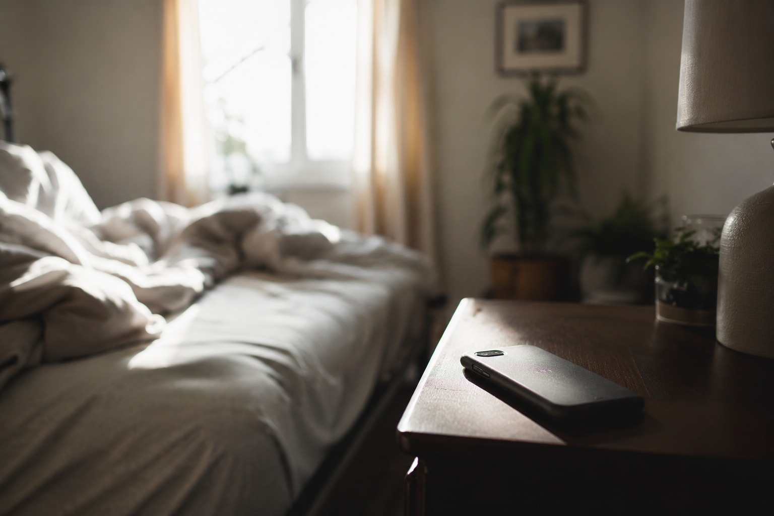 Phone placed face-down on a nightstand away from the bed