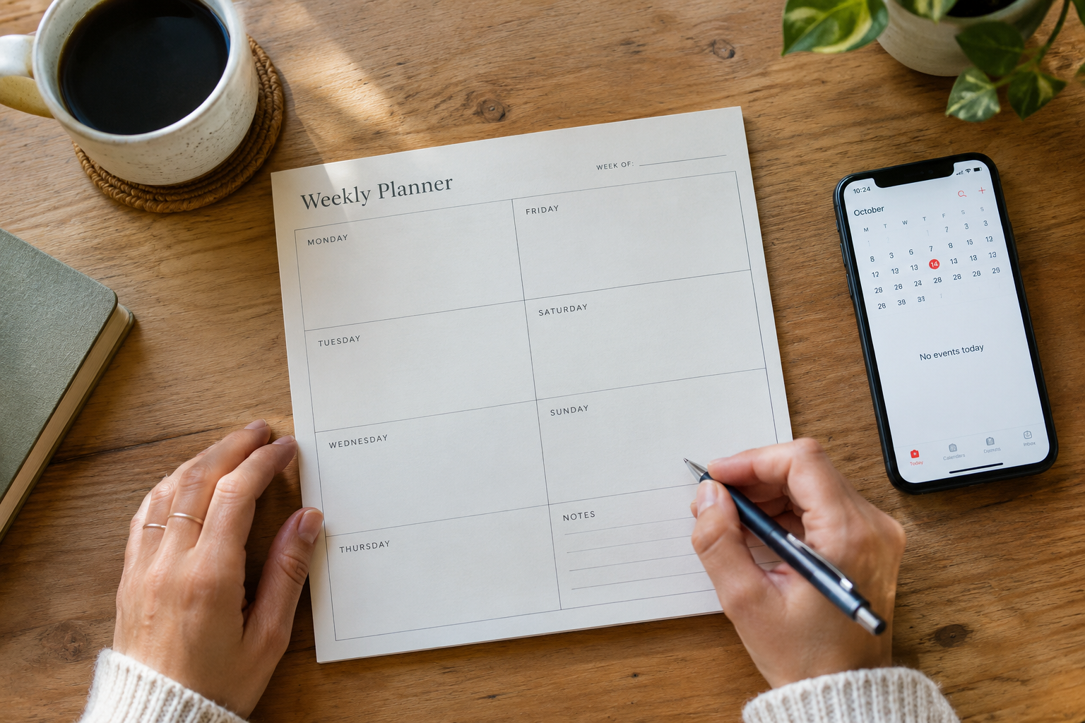 Blank weekly planner page next to a phone calendar app