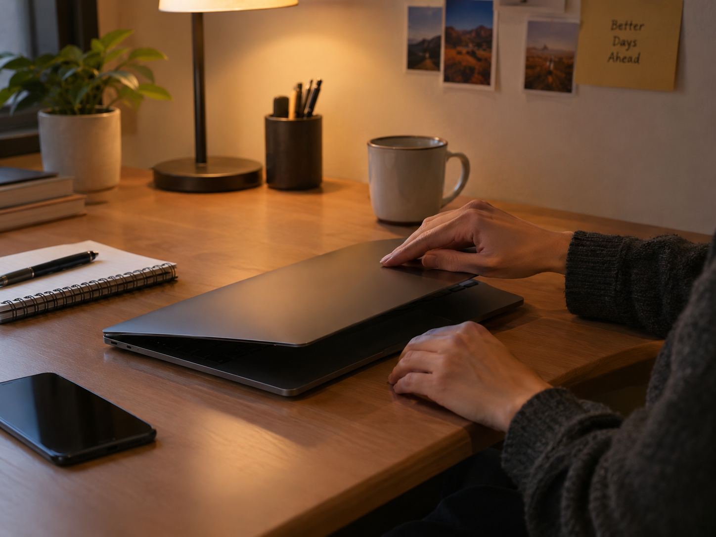 Hands closing a laptop at a tidy desk in soft lamp light