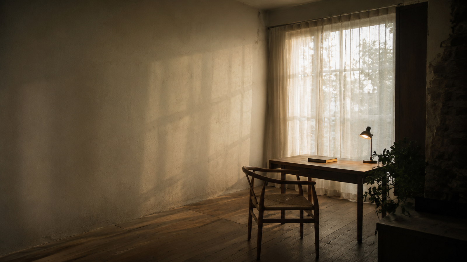 A man writing in a notebook at a kitchen table in morning light