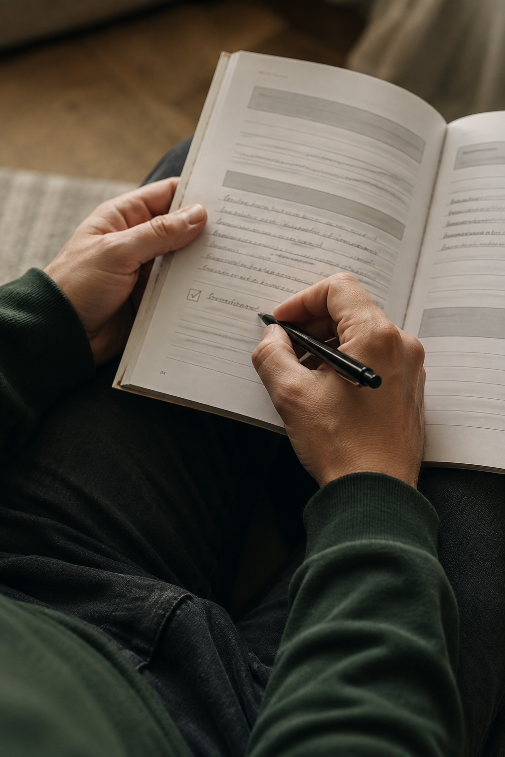 A man sitting on the floor filling in a printed workbook