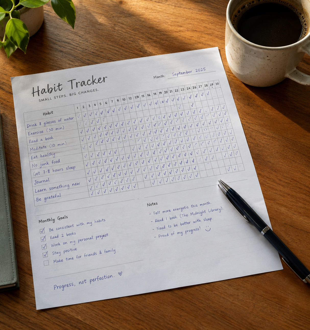 A single filled-in tracker sheet on a wood table with a pen