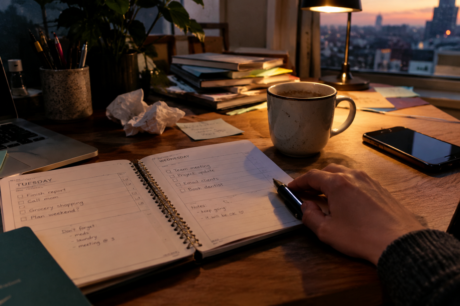 Open planner and coffee cup on a cluttered desk at dusk
