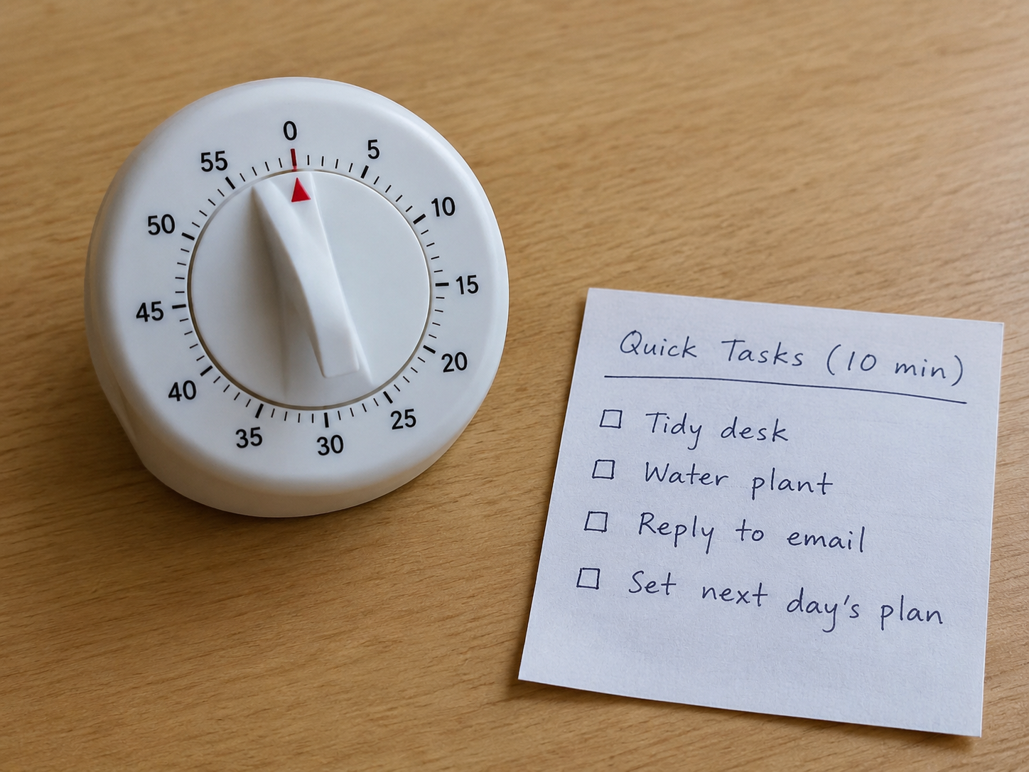 Kitchen timer set to ten minutes beside a short handwritten list